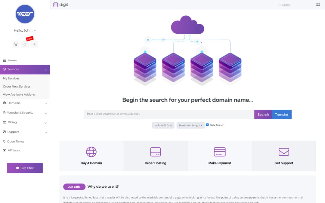 Digit client area in light mode