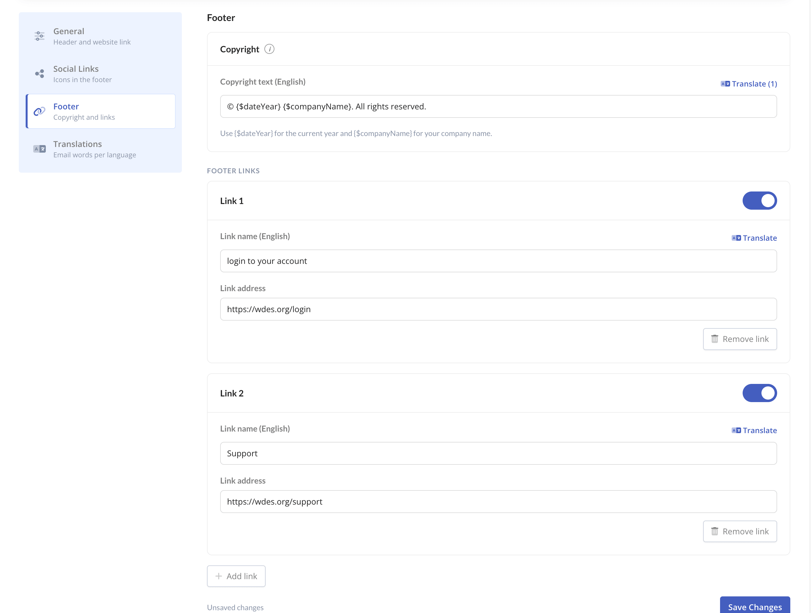 footer links