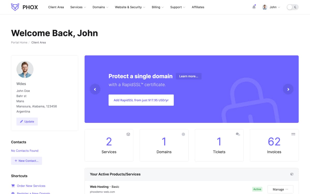 client area page