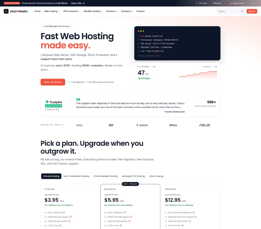 Host4Geeks website homepage