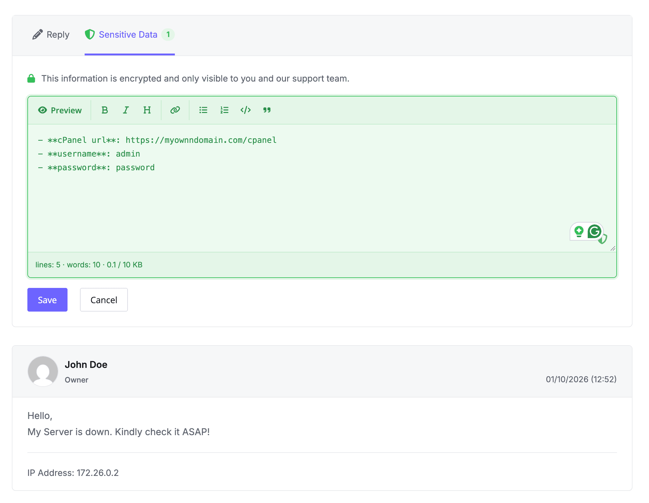 review entries — client area