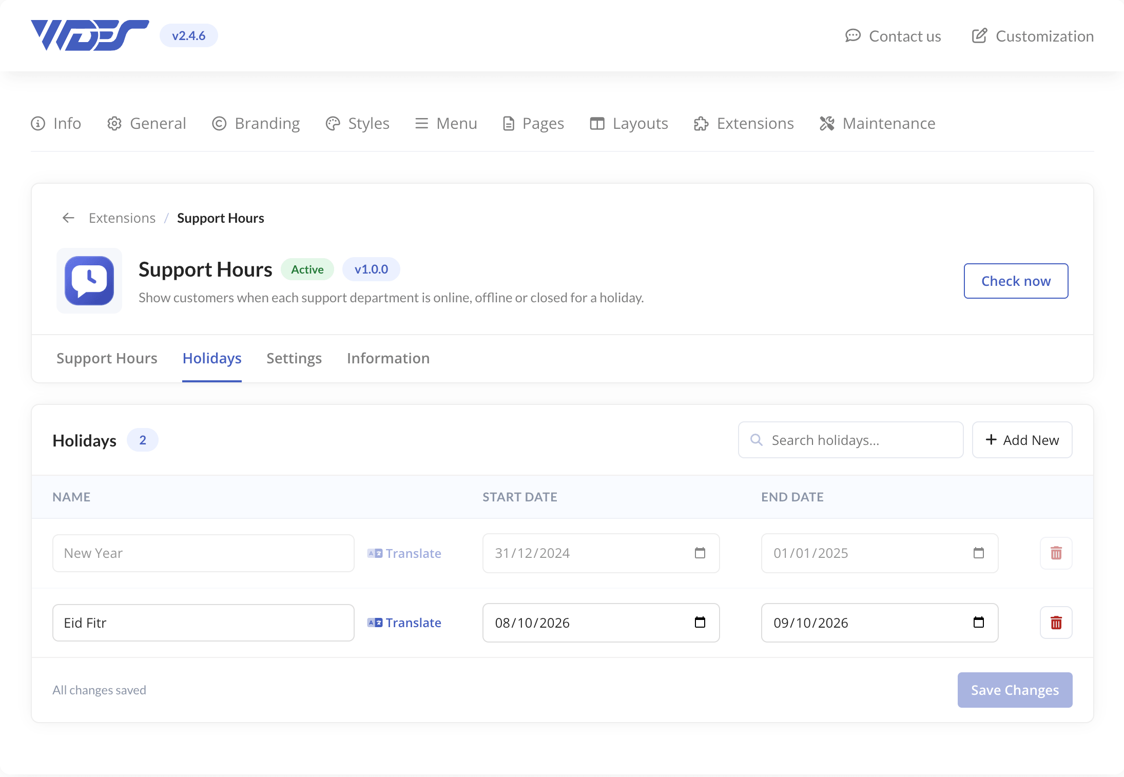 addon config — holidays