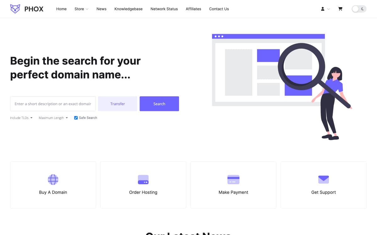 Phox client area homepage