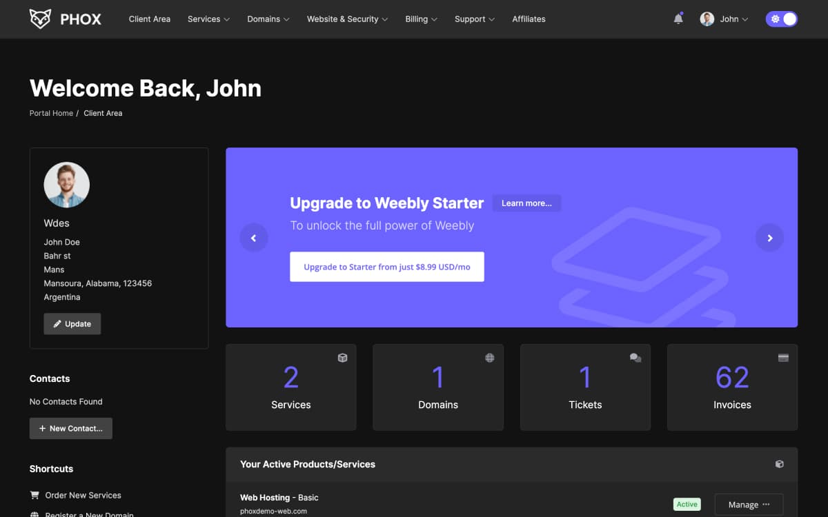 Phox client area in dark mode