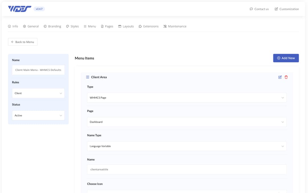 Phox Menu Manager in the WHMCS admin