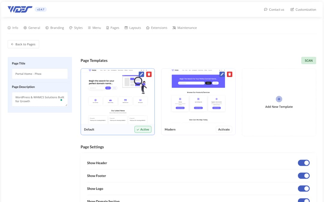 Phox Page Manager in the WHMCS admin