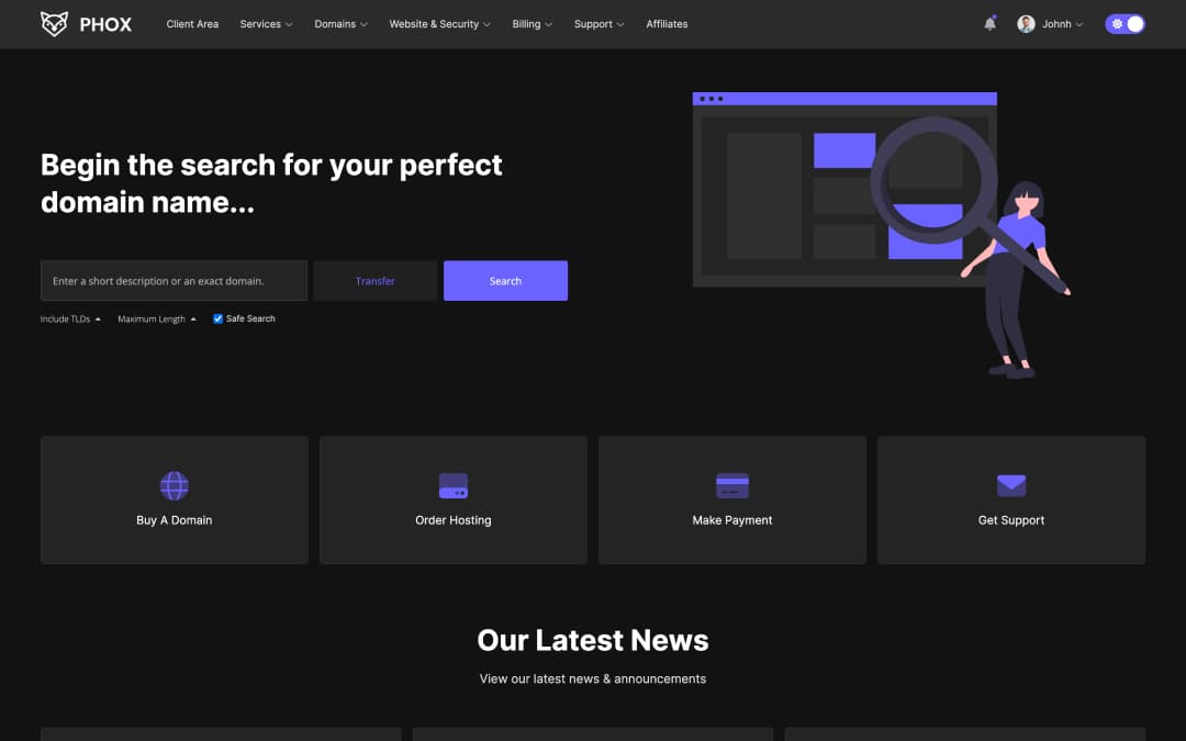Phox client area in Dark mode