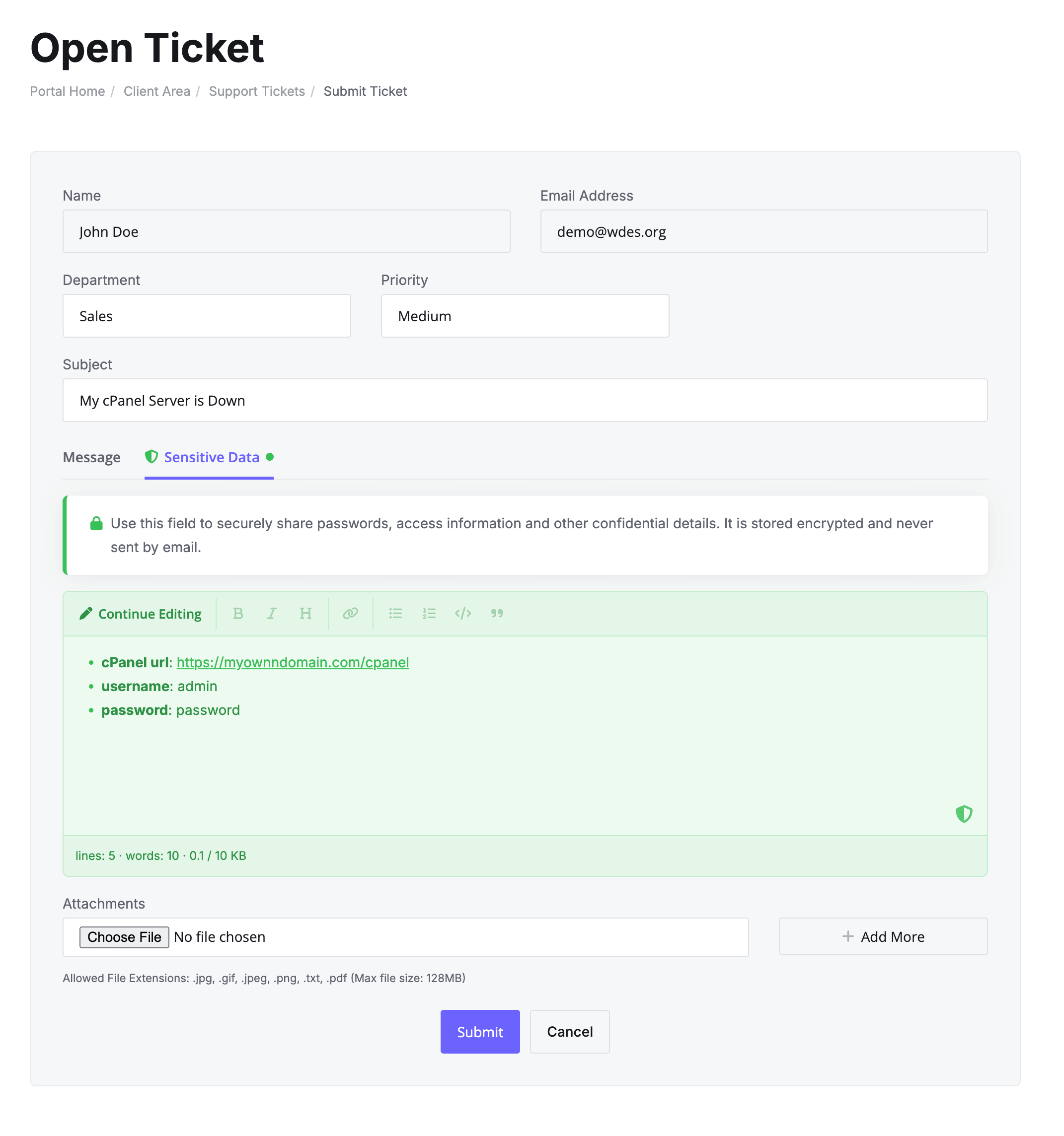 Sensitive Data tab on the WHMCS open ticket form