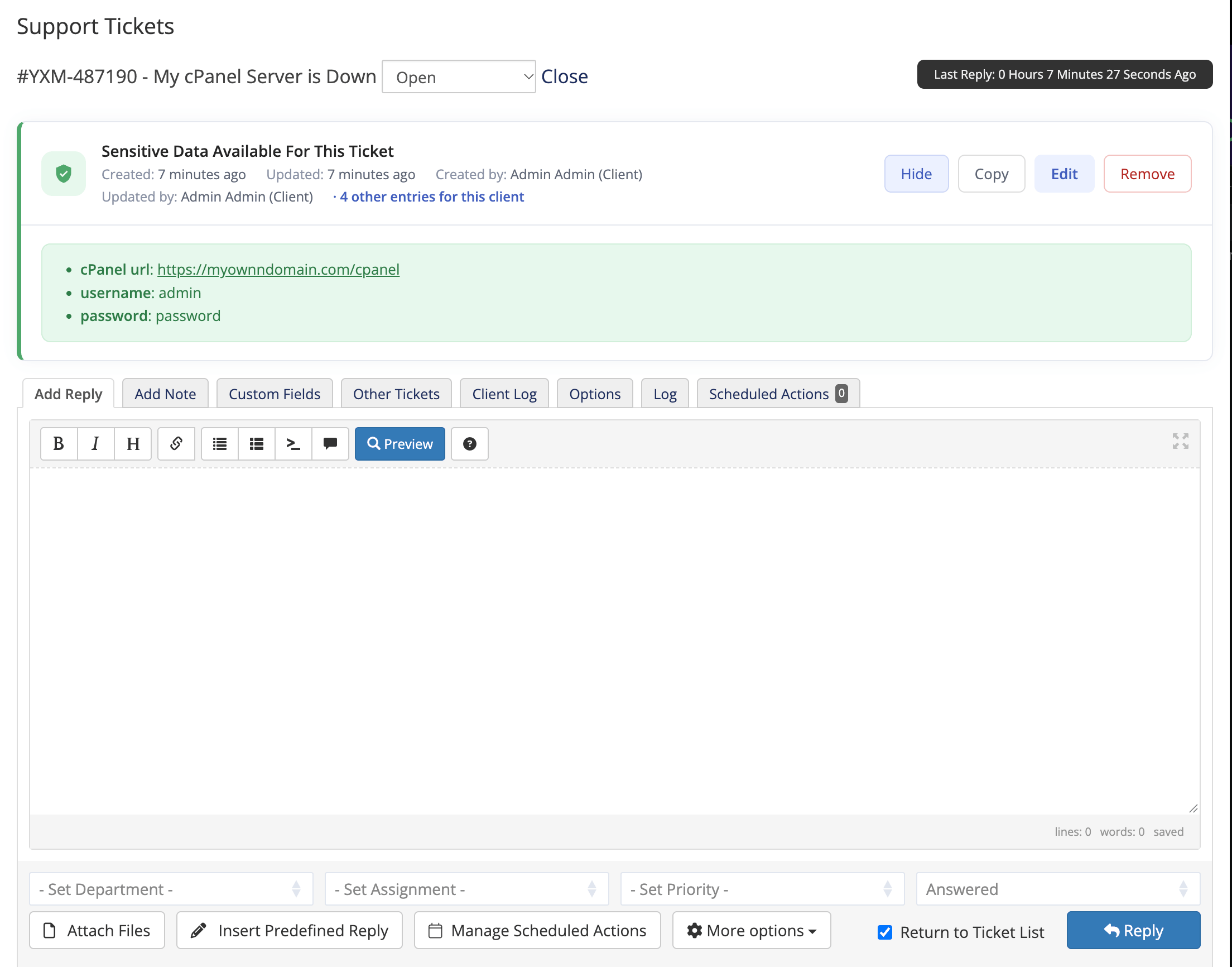 Protected details inside the WHMCS admin ticket view
