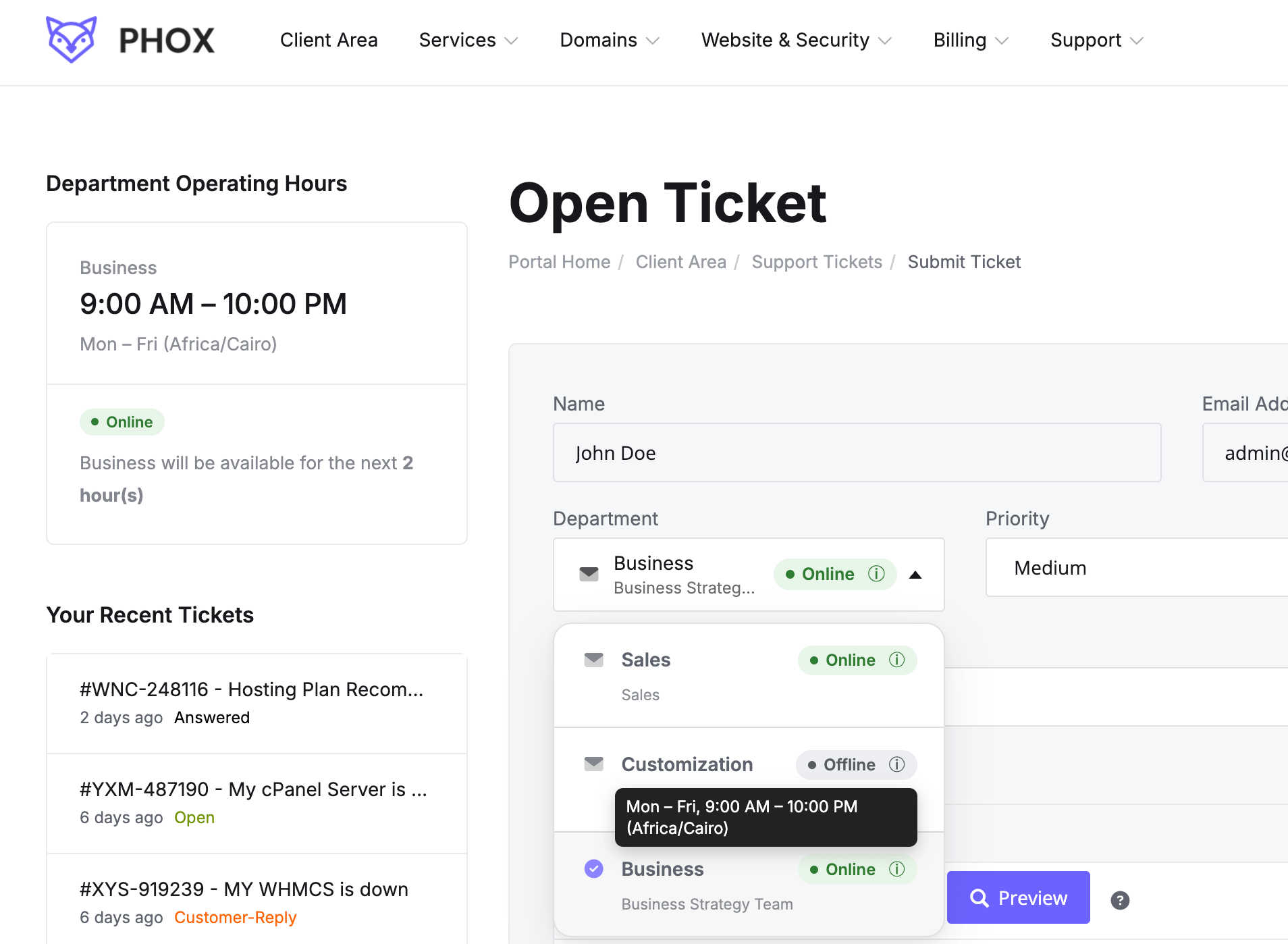 open ticket — department status